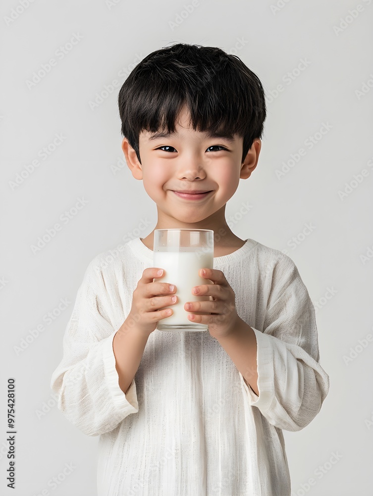 A cheerful young boy smiles while holding a glass of milk, dressed in a white shirt against a plain white background, promoting healthy nutrition and hydration. A cheerful young boy smiles while holding a glass of milk, dressed in a white shirt against a plain white background, promoting healthy nutrition and hydration.