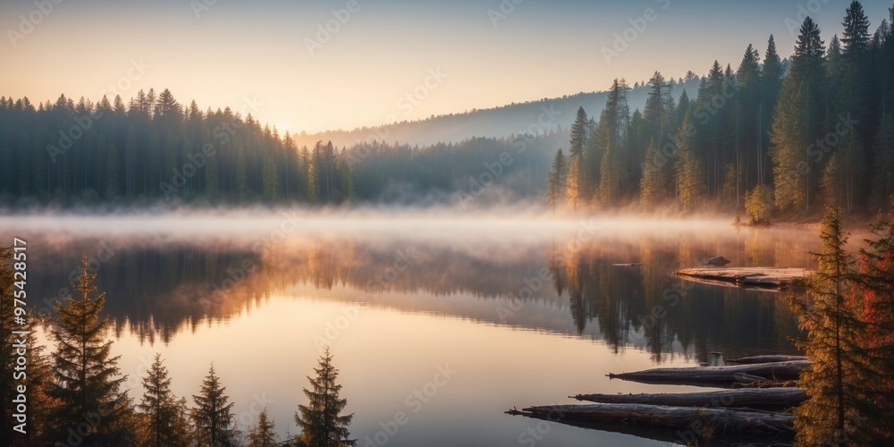 Fototapeta premium Foggy landscape with coniferous forest and lake at sunrise.