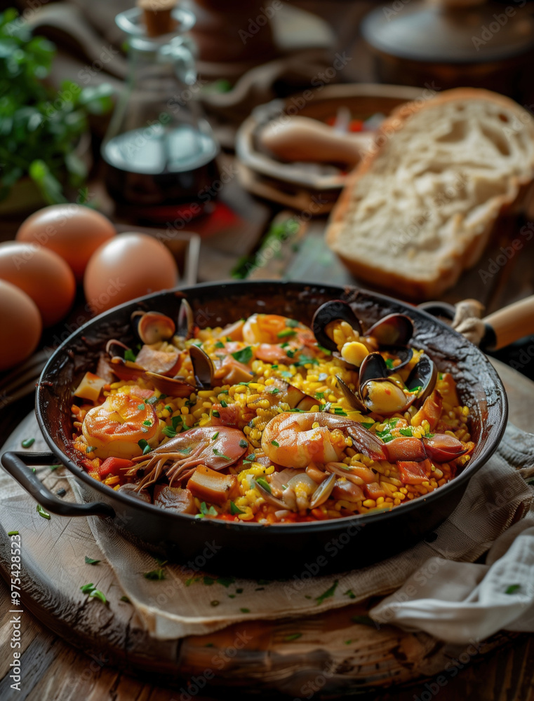 Traditional Spanish seafood Paella with shrimp and rice in a rustic setting Traditional Spanish seafood Paella with shrimp and rice in a rustic setting