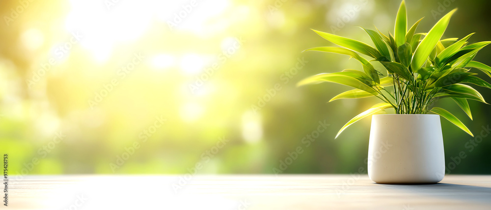 Green plant in a white pot, beautifully illuminated by sunlight, adding a fresh and calming atmosphere to any space. Green plant in a white pot, beautifully illuminated by sunlight, adding a fresh and calming atmosphere to any space.