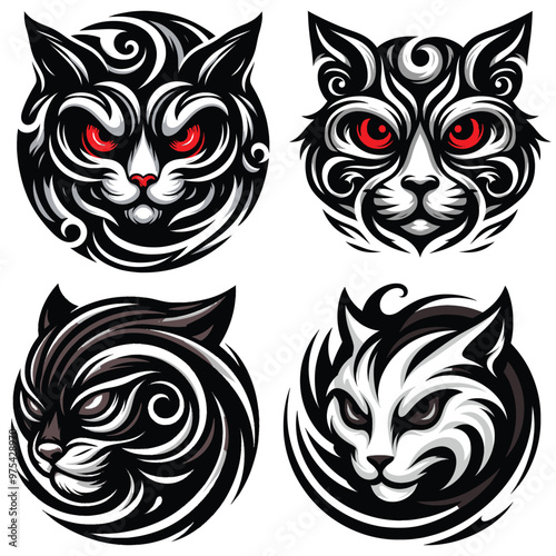 Abstract ornate cat illustrations in black and white, vector art with red eyes, perfect for tattoos