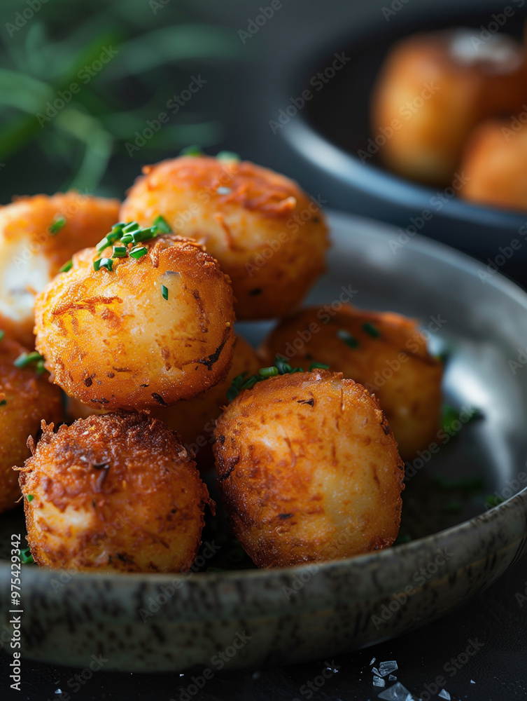Gourmet Spanish Croquetas with Sea Salt, Rustic Side View on Dark Slate Gourmet Spanish Croquetas with Sea Salt, Rustic Side View on Dark Slate
