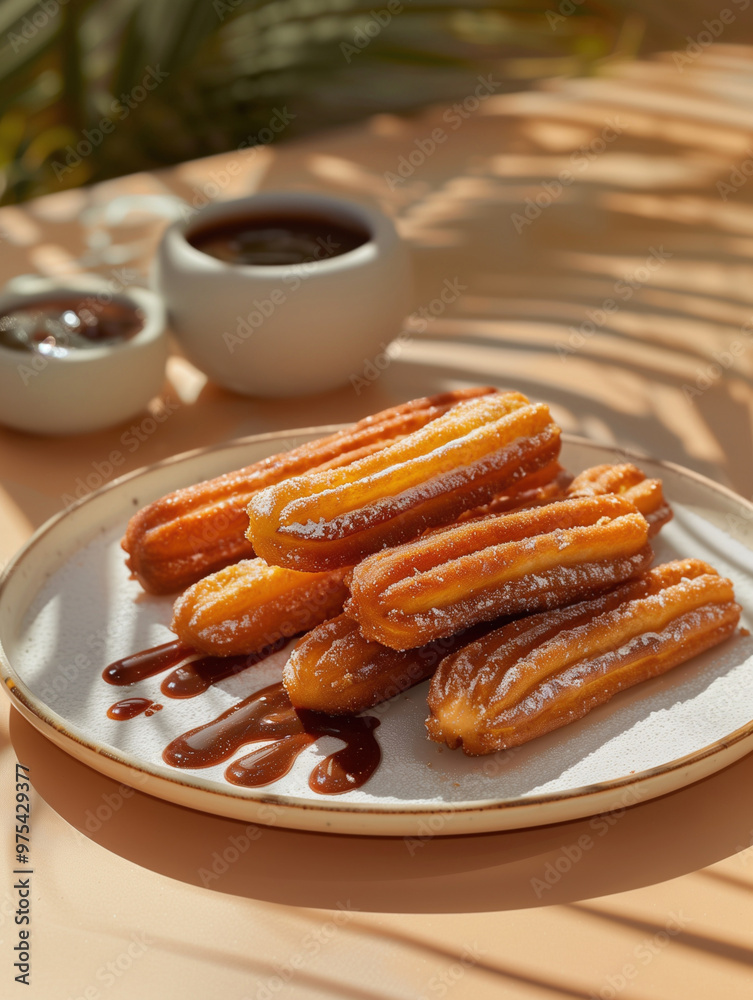 Fototapeta premium Traditional churros close up photo with sugar on beige background