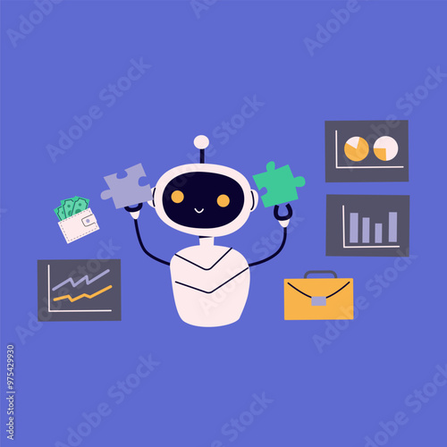 Ai robot for finance work flat illustration. Artificial intelligence with money, trading concept. Chat bot or ai for work vector illustration. Cute robot with diagram finance icons.