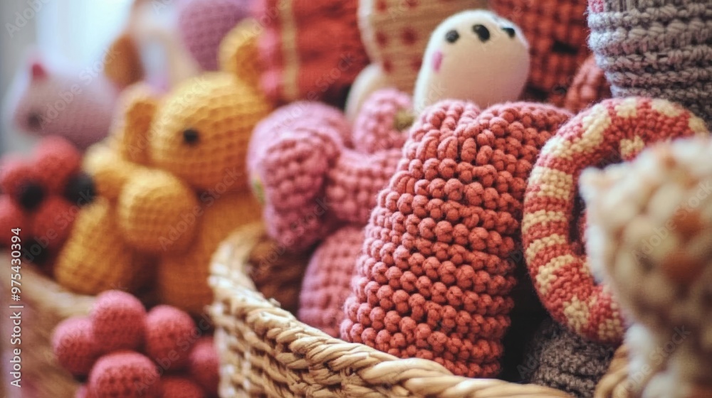Obraz premium A variety of colorful, hand-knitted pet toys arranged in a wicker basket, offering playful and soft options for dogs and cats to enjoy.