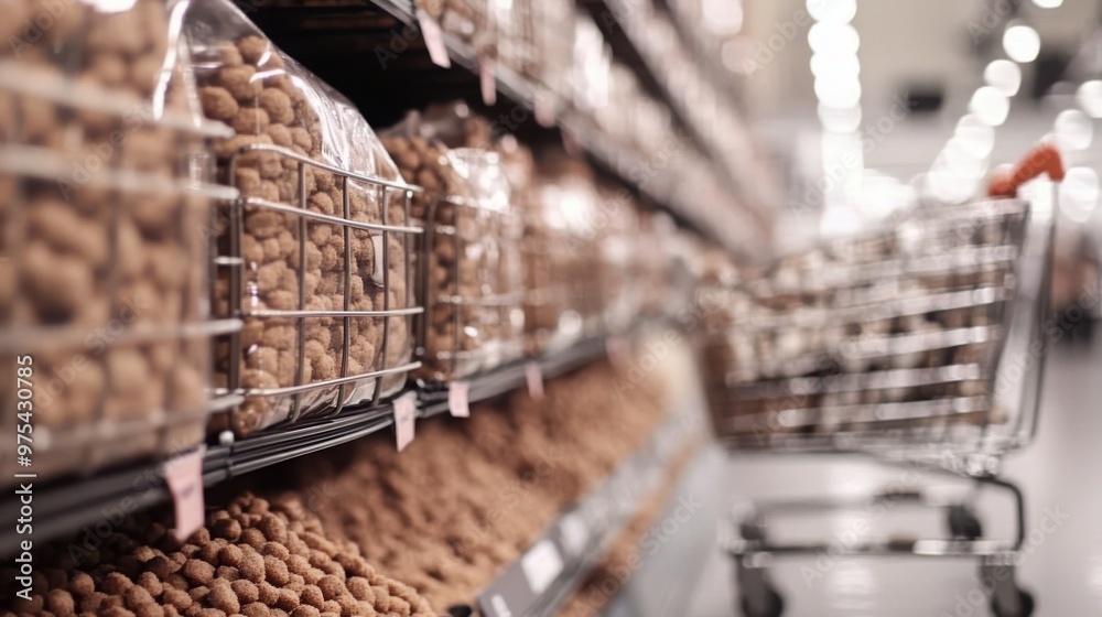 A shopping cart is seen in the pet food aisle of a store, with shelves lined with bags of pet food. A shopping cart is seen in the pet food aisle of a store, with shelves lined with bags of pet food.