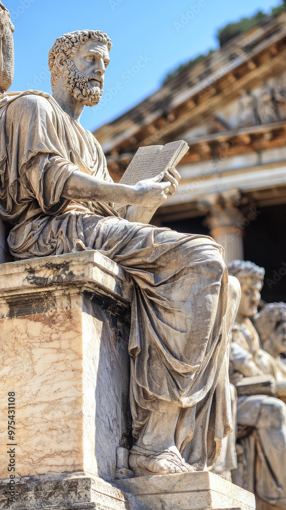 Obraz premium stone statue of Epictetus, prominent Stoic philosopher, is depicted teaching his students. intricate details of marble highlight wisdom and serenity of this historical figure