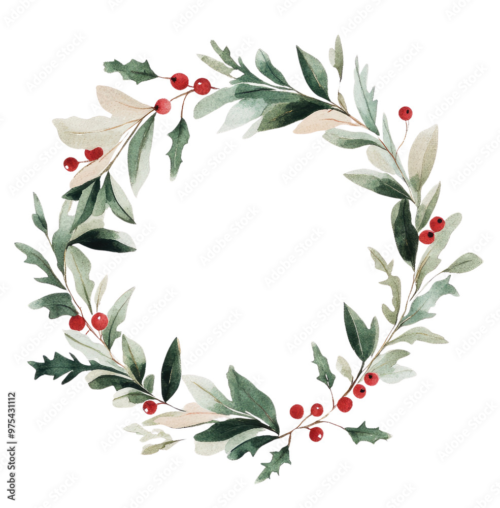 Fototapeta premium Watercolor Christmas Wreath with Greenery and Red Berries on White Background, Soft Beige Palette