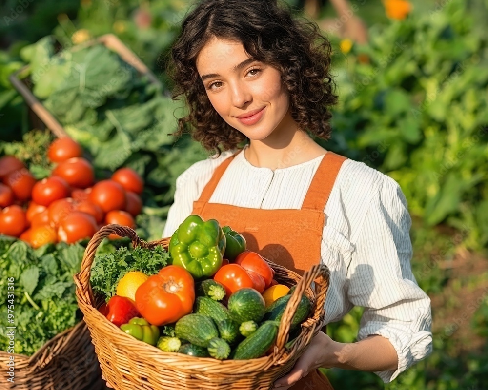 Young woman holding a basket of fresh vegetables, smiling in a vibrant garden filled with ripe produce. Young woman holding a basket of fresh vegetables, smiling in a vibrant garden filled with ripe produce.