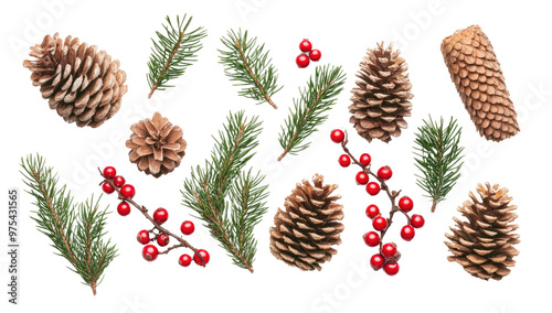 Flat Lay Christmas Composition with Pine Branches, Red Berries, and Pine Cones on White Background for Card Design photo