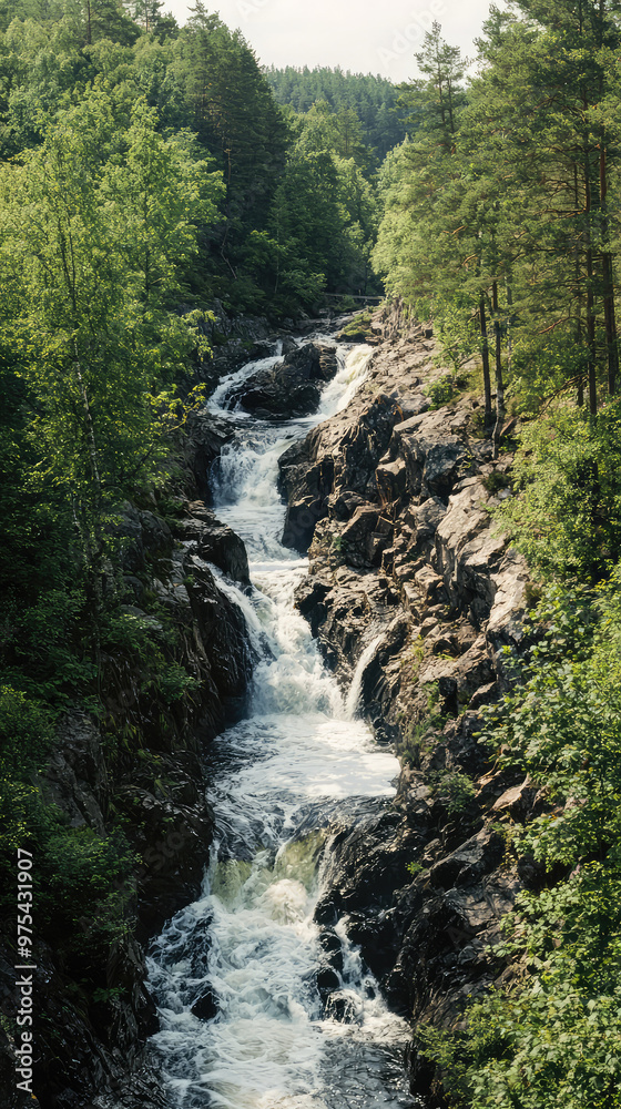 A stunning Swedish waterfall cascades over rocky cliffs, surrounded by lush greenery and tall trees. serene flow of water creates peaceful atmosphere in this natural landscape A stunning Swedish waterfall cascades over rocky cliffs, surrounded by lush greenery and tall trees. serene flow of water creates peaceful atmosphere in this natural landscape