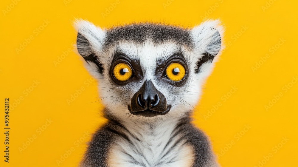 Close-up of a ring-tailed lemur against yellow background, wildlife photography concept Close-up of a ring-tailed lemur against yellow background, wildlife photography concept