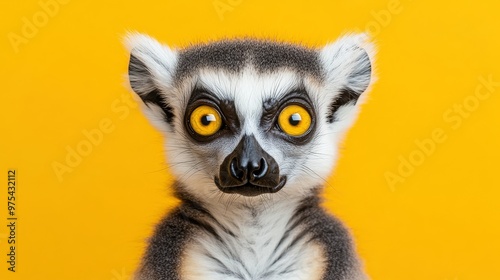 Close-up of a ring-tailed lemur against yellow background, wildlife photography concept