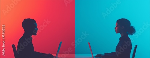 Silhouettes of two people working on laptops in contrasting red and blue lighting.