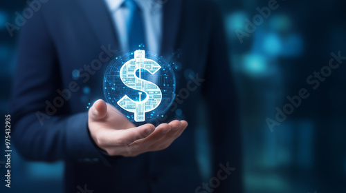 Cost saving concept, budget management and costs management. Economy recession economic cost savings. Businessman holding cost reduction icon on virtual screen photo