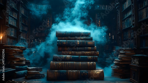 Mystical Library with Antique Books and Blue Smoke - Illustration photo