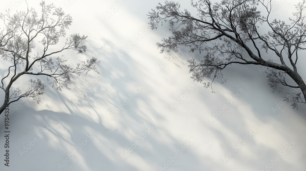 Minimalistic Black and White Illustration of Bare Tree Branches Against a Bright White Background with Soft Shadows Minimalistic Black and White Illustration of Bare Tree Branches Against a Bright White Background with Soft Shadows