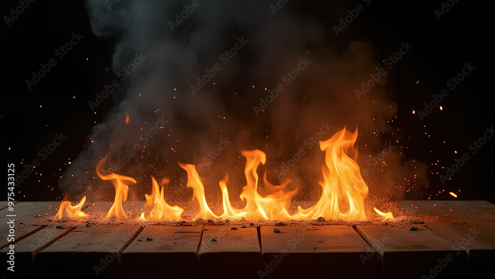Wooden table with Fire burning at the edge of the table fire particles sparks and smoke in the air with fire flames on a dark background to display products Wooden table with Fire burning at the edge of the table fire particles sparks and smoke in the air with fire flames on a dark background to display products