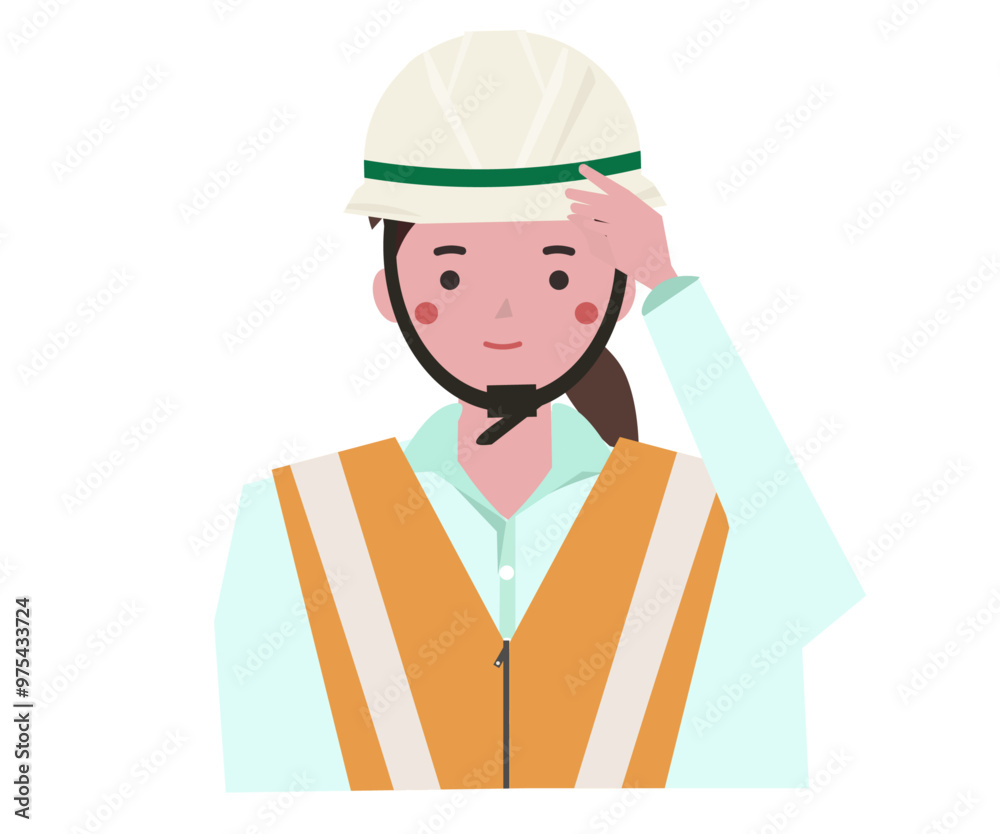 ヘルメットを安全に着用する安全ベストを着た女性。ベクターイラスト ヘルメットを安全に着用する安全ベストを着た女性。ベクターイラスト