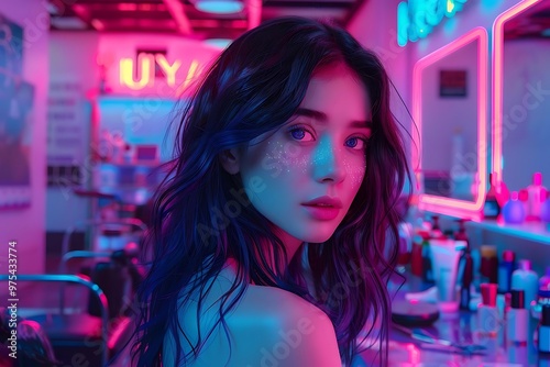 A young woman with colorful hair in a vibrant, neon-lit setting.