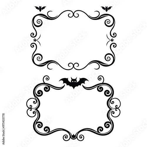 Halloween Decorative frame Vector silhouette, adding pumpkins bat pictures frames, Black and White rectangle creepy scary curly Elegant embellishment border elements decoration
