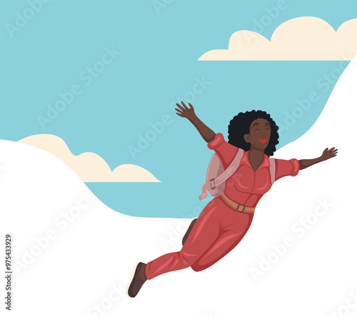 Vector banner with illustration happy African woman jumping with parachute and place for text. Flat style postcard with copy space. Skydiver soars in clouds. Extreme sport and hobby.