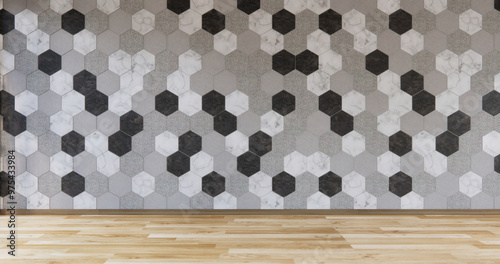 white and black hexagon tiles wall on wooden floor, Modern room minimalist.3D rendering