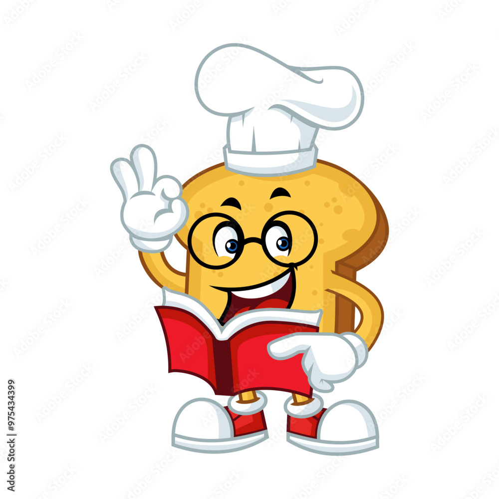 Cartoon chef bread mascot character reading recipe book. Perfect for food, culinary, and educational content. Cartoon chef bread mascot character reading recipe book. Perfect for food, culinary, and educational content.