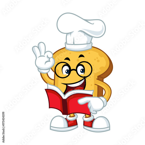 Cartoon chef bread mascot character reading recipe book. Perfect for food, culinary, and educational content.