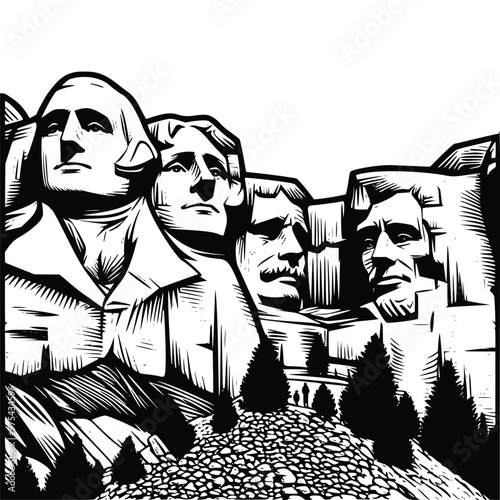 Detailed Black and White Mount Rushmore Sketch, Vector Outline