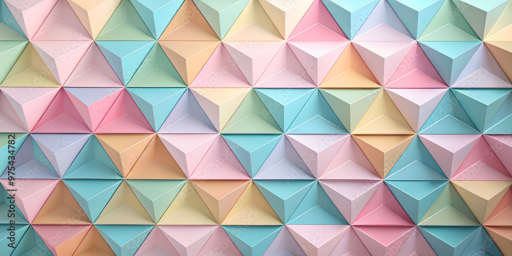 The image shows a pattern of three-dimensional pyramids with square bases in pastel shades of pink, blue, yellow and green. Light and shadow create depth and movement. The image shows a pattern of three-dimensional pyramids with square bases in pastel shades of pink, blue, yellow and green. Light and shadow create depth and movement.