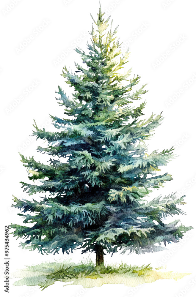 Fototapeta premium Watercolor Christmas Tree Clipart, Hyper-Realistic Style for Children's Book Illustration on White Background