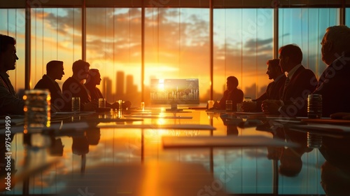Business meeting with a presentation on charts and graphs.