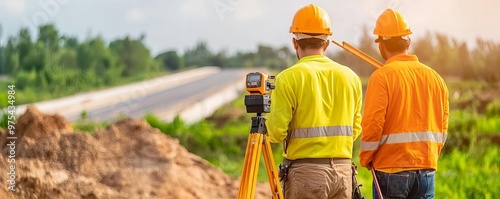 Civil engineers using laser levels and surveying equipment on an undeveloped land site