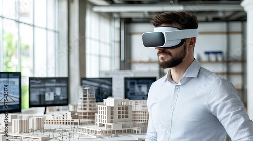 Civil engineer using virtual reality VR glasses to visualize a new urban infrastructure project