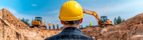 Civil engineer wearing a yellow hard hat inspecting a retaining wall construction
