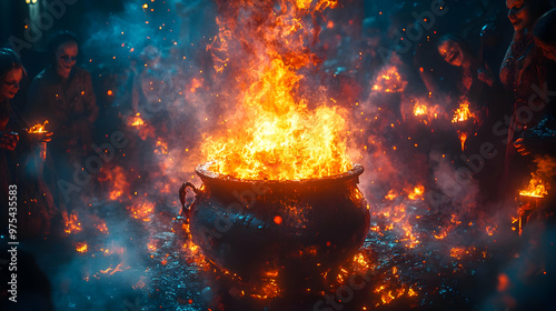 Fiery Cauldron with Smoke and Sparklers - Illustration