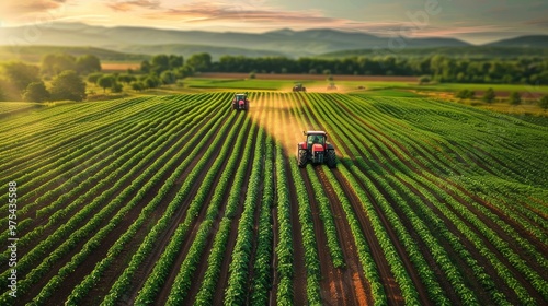 Aerial view of tractors working on lush green farmland at sunset, showcasing modern agriculture and vibrant landscapes.