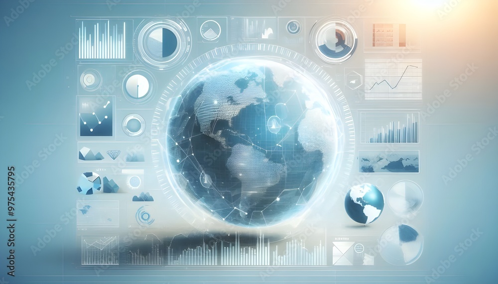 Fototapeta premium A digital infographic with a globe, graphs, and statistical data representing global financial trends, displayed on a light blue and white background, symbolizing analytics