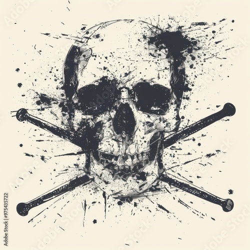 An artistic depiction of a skull with splashes and crossed bones, perfect for themes of danger or rebellion. photo