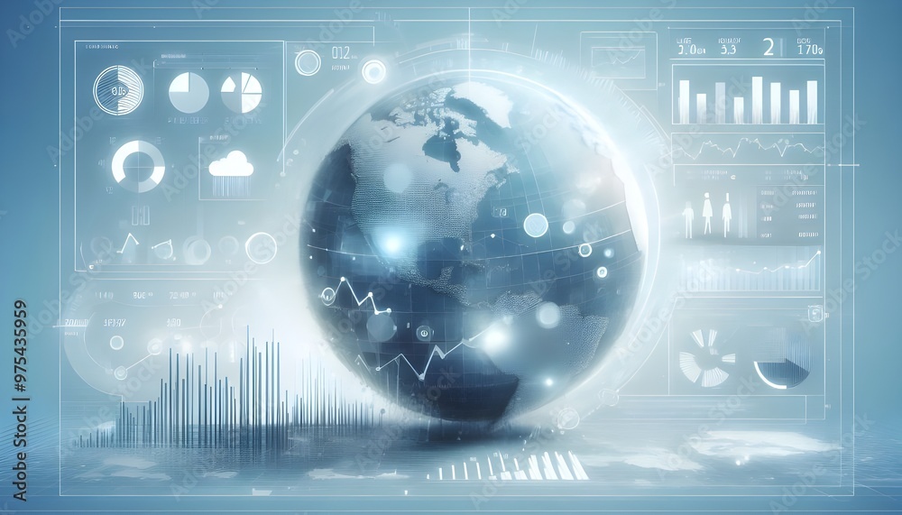 Fototapeta premium A digital infographic with a globe, graphs, and statistical data representing global financial trends, displayed on a light blue and white background, symbolizing analytics