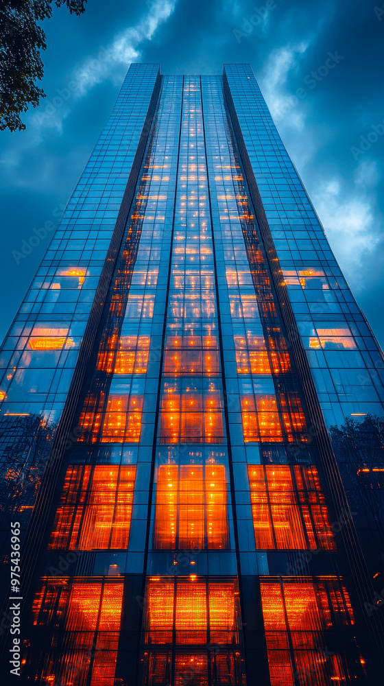 Towering Skyscraper Illuminated at Dusk Captures Urban Grandeur, Modern Architecture with Reflective Glass Facade and Dynamic Lighting, Skyward Perspective for Architectural Appreciation Towering Skyscraper Illuminated at Dusk Captures Urban Grandeur, Modern Architecture with Reflective Glass Facade and Dynamic Lighting, Skyward Perspective for Architectural Appreciation
