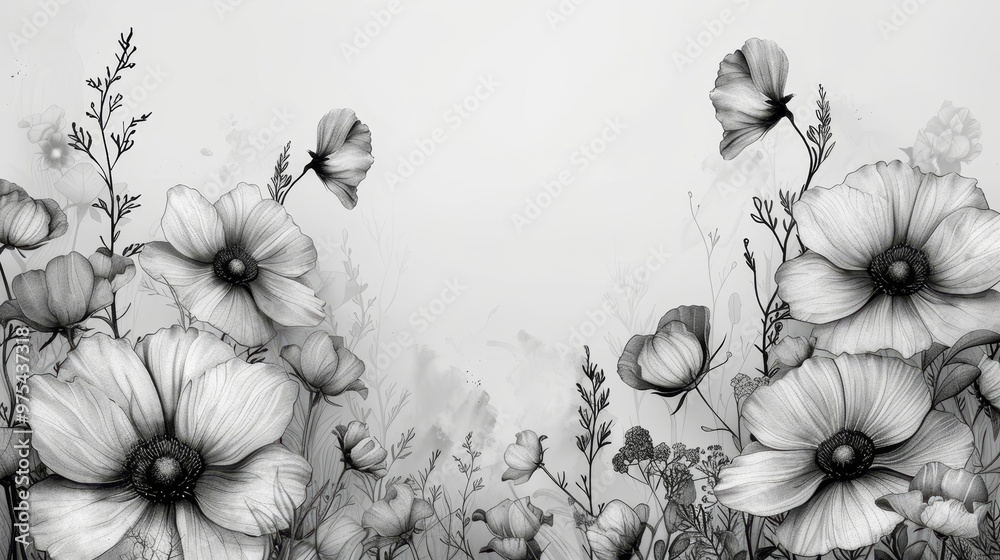 A black and white illustration of flowers and butterflies. The image has a delicate and graceful feel. A black and white illustration of flowers and butterflies. The image has a delicate and graceful feel.