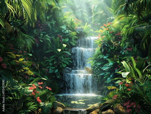 A cascading waterfall flows through lush tropical foliage, bathed in sunlight. The scene evokes tranquility and natural beauty. photo