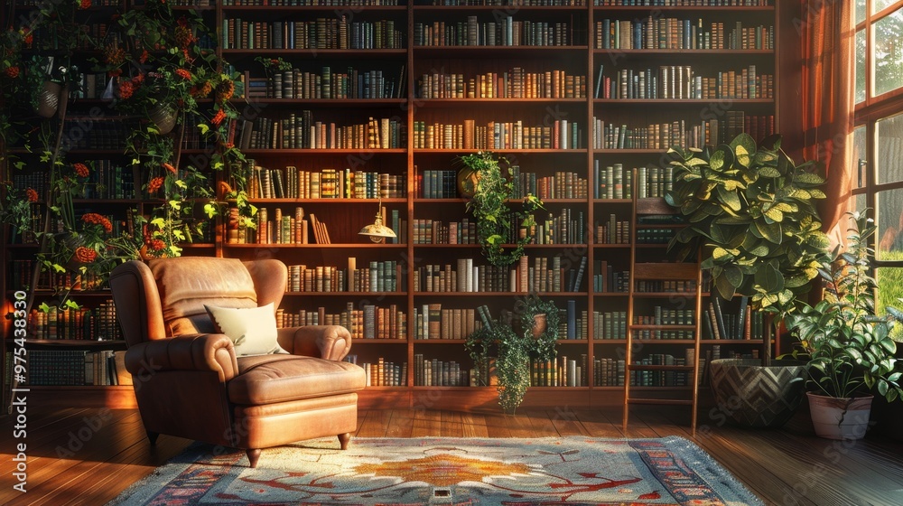 A cozy reading nook with a leather armchair, a large bookshelf filled with books, plants, and a warm rug. A cozy reading nook with a leather armchair, a large bookshelf filled with books, plants, and a warm rug.