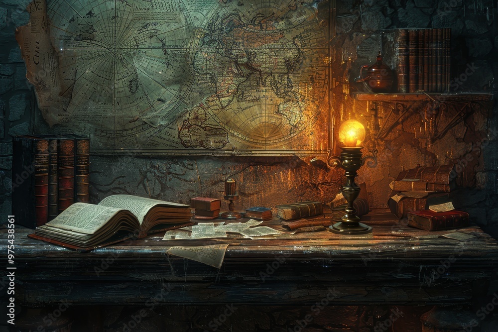 A dimly lit study with an open book, quill, and inkwell on a wooden desk. A map hangs on the wall and a lamp casts warm light. A dimly lit study with an open book, quill, and inkwell on a wooden desk. A map hangs on the wall and a lamp casts warm light.