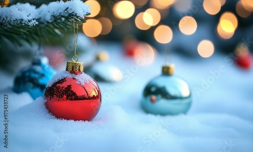 christmas balls on snow