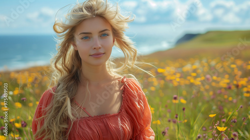 Portrait of Young Denmark woman Enjoying sunlight in summer Flower Field, Wearing Traditional Handcrafted Embroidery Dress, Relaxing and Smiling to The Camera, 
