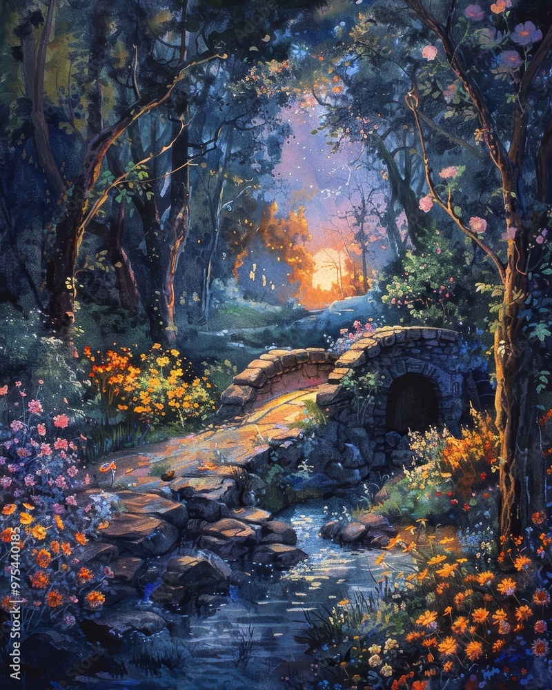 A magical forest path leads to a stone bridge over a babbling brook, with a vibrant sunset in the distance. A magical forest path leads to a stone bridge over a babbling brook, with a vibrant sunset in the distance.