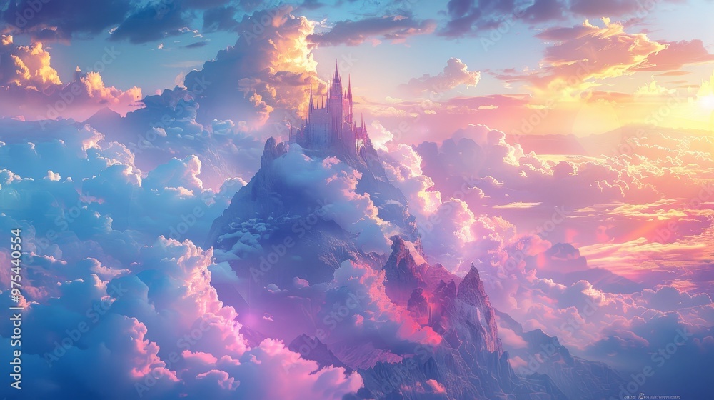 A majestic castle perched atop a cloud-covered mountain peak, bathed in the warm glow of a setting sun.